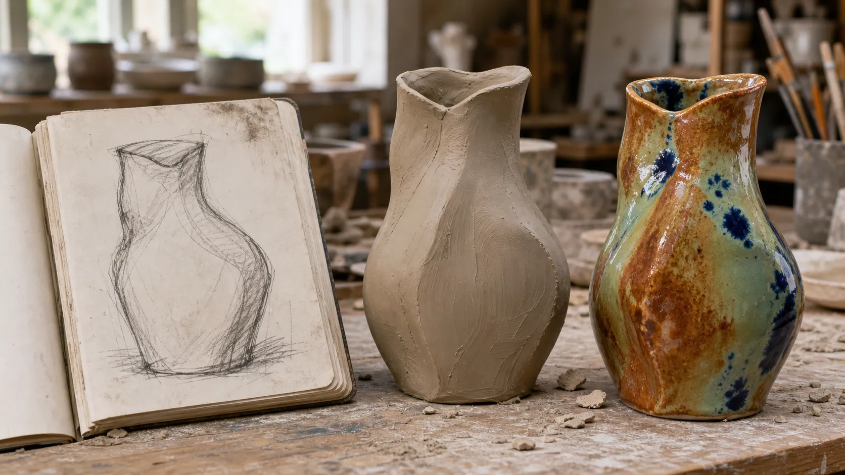 A rough notebook sketch, greenware vase, and completed asymmetrical vase with layered burnt orange, sea foam green, honey brown, and blue dotted glaze.