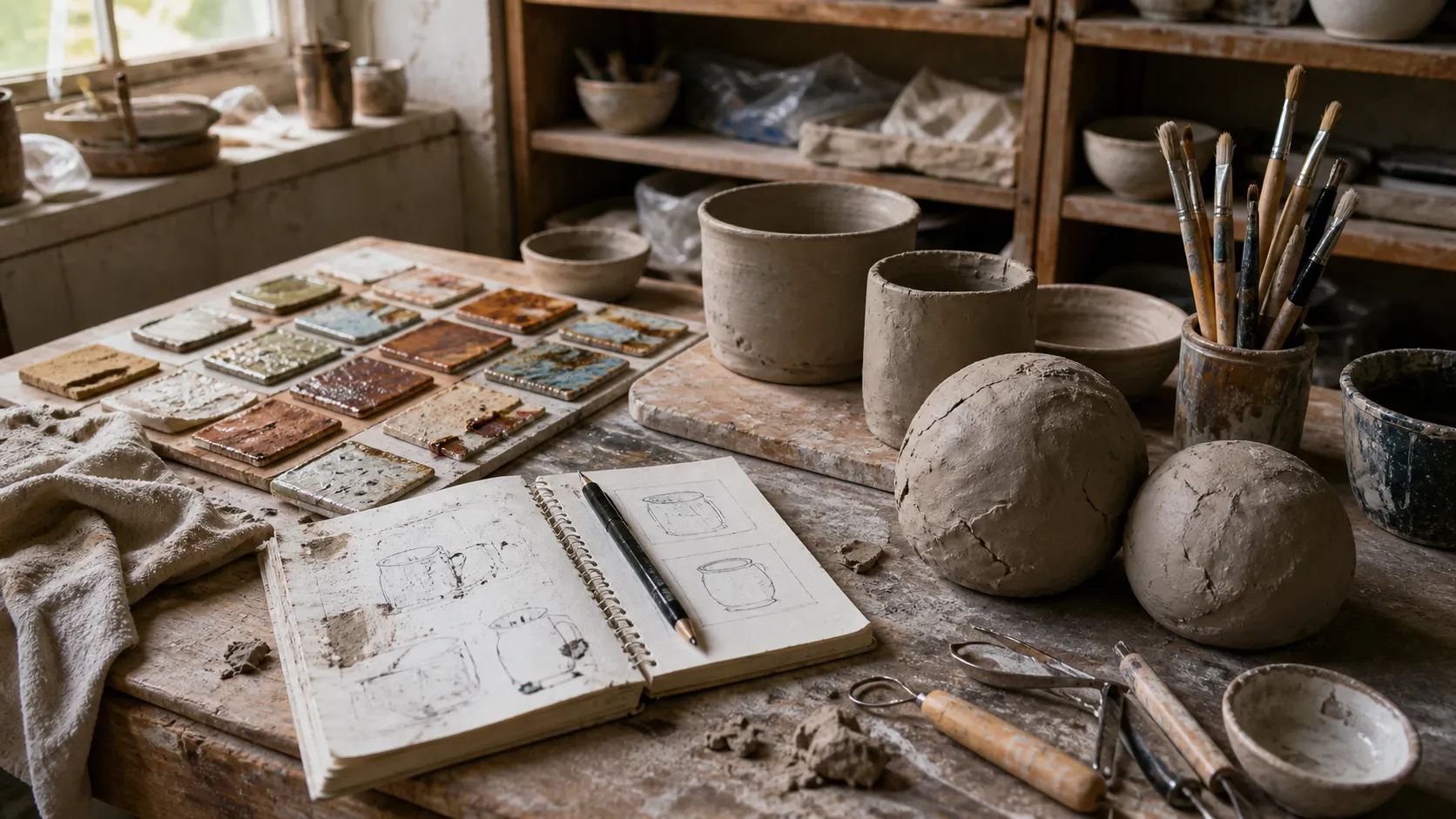 Messy ceramic studio table with clay balls, smudged sketchbook pages, rustic glaze test tiles, tools, and unfinished pottery.