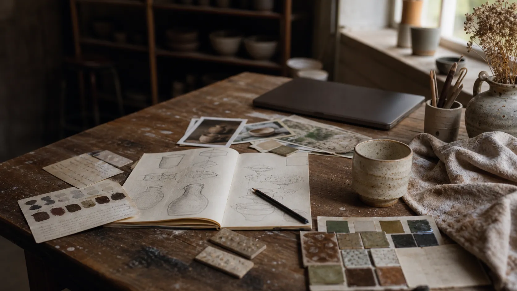 Warm ceramic studio desk with pottery sketches, glaze test tiles, process photos, a finished cup, and a closed laptop in the background.